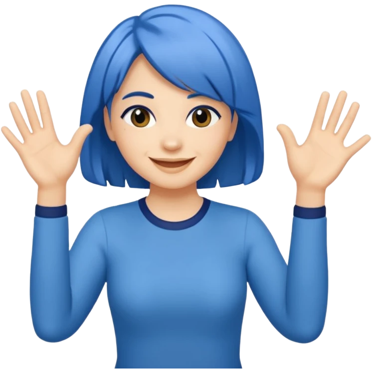Woman with medium length blue hair doing jazz hands emoji