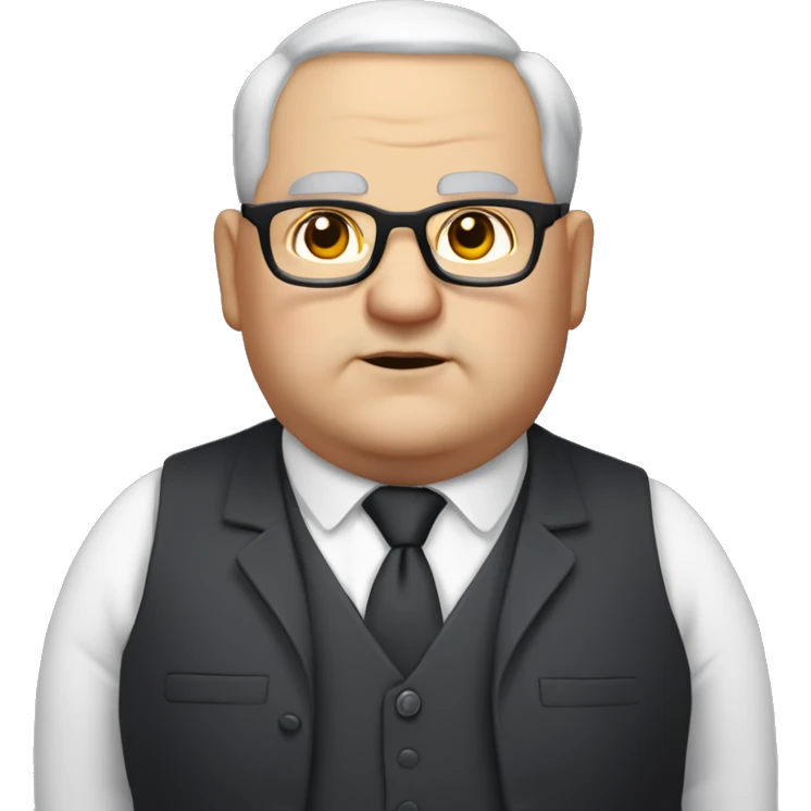 Chubby man of about 60 years of age with a bald shin. Small round glasses and dark eyes. Grey hair and a double chin. Chubby pointed nose. Wearing a black suit with waistcoat and tie. emoji