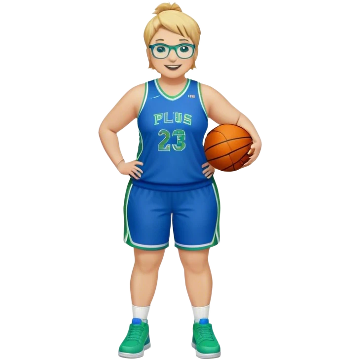 Full Body plus size white female basketball player with medium brown with blond hair with short spike hair wearing blue glasses 
With a small wide nose wearing blue green uniform  green sneakers smiling wearing silver hoop earring  emoji