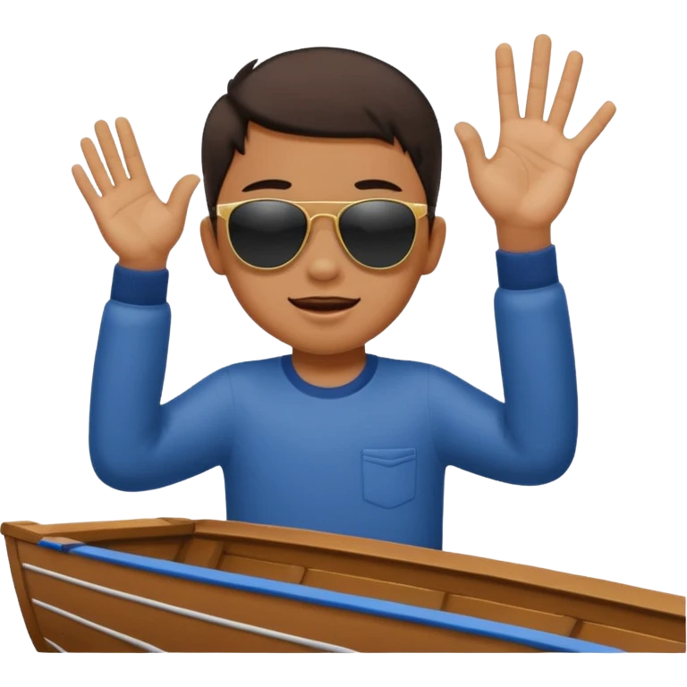 Indonesian kid on the tip of the boat with sunglasses holding his hand and slapping air  emoji