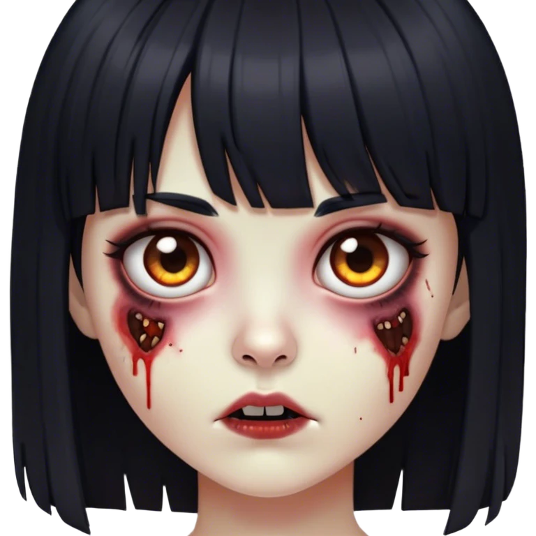 Garota zumbi com cabelos pretos lisos com franja (tipo esse emoji 🧟‍♀️) com olhos castanhos escuros  emoji