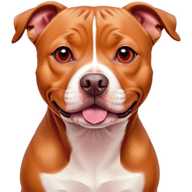Cinematic Cute Red/Fawn Staffordshire Bull Terrier Portrait Emoji, Head tilted playfully and inquisitively, featuring a glossy red/fawn Fur with a vibrant sheen and delicate white accents, round, sparkling dark eyes filled with curiosity, Simplified yet irresistibly adorable features, highly detailed, glowing with a warm, friendly glow, high shine, affectionate and spirited, stylized with a touch of whimsy, bright and endearing, soft glowing outline, capturing the essence of a mischievous yet loving pup, so playful it feels like it could bound out of the screen and into your arms! emoji