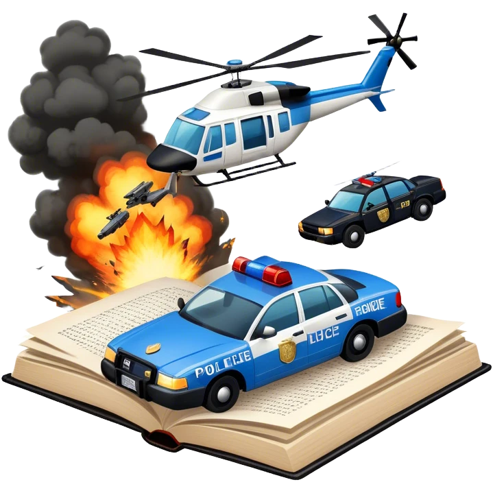Icon for Action & Crime Reading: an open large book with text on the pages, a police car is driving out, with explosions behind, a helicopter flying above, a pistol with bullets in the front. The icon should capture the thrilling action and suspense of crime stories. Transparent background. emoji