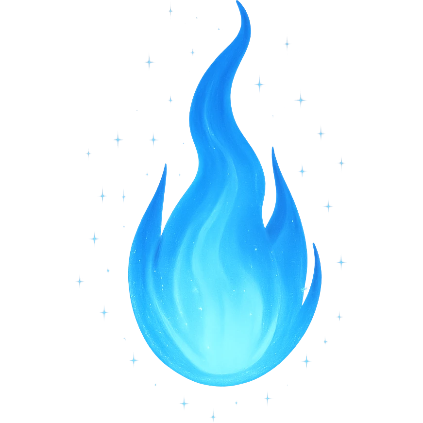 a floating blue flame with gentle sparkles, symbolizing a soul, floating blue flame, gentle sparkles emoji