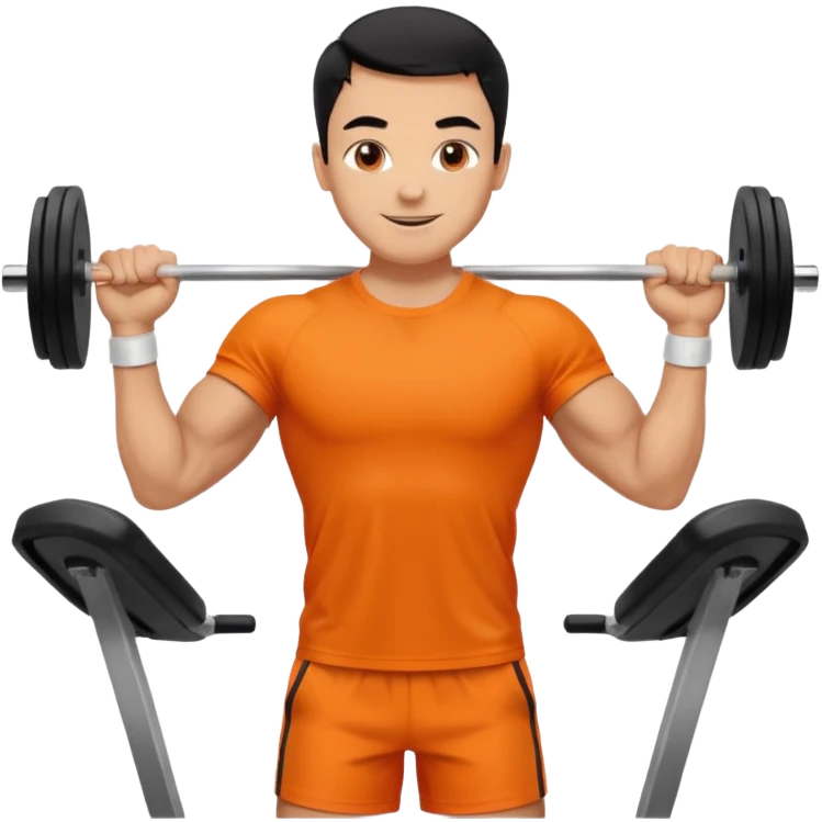 Mach mir einen glücklichen typen der im gym trainert und viele muskeln hat mit einem orangen sport thshirt und schwarzen kurzen haaren emoji