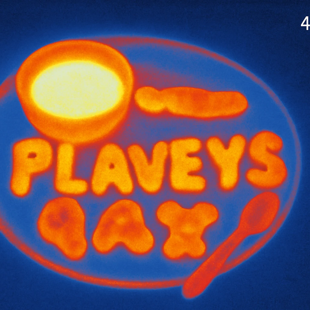 Plate with milk and a ready-made breakfast in the form of letters, the letters spell out "PLAVLEYS" emoji
