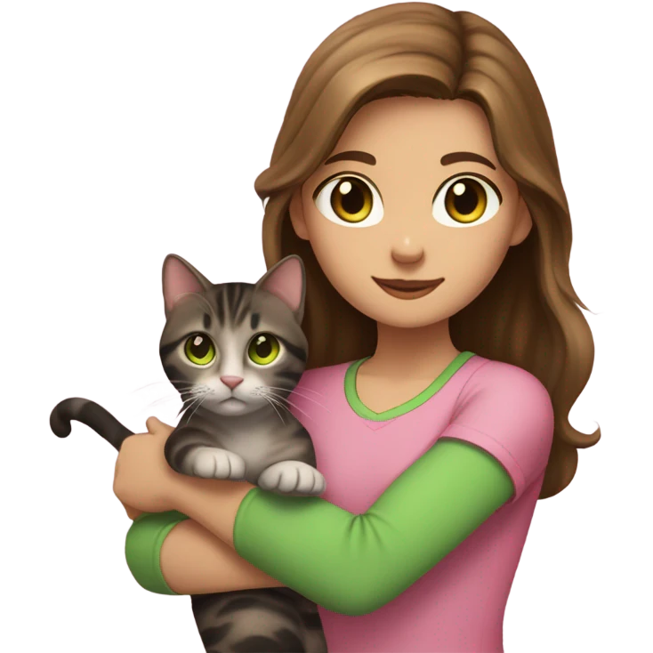 girl with brown hair and hazel eyes, wearing a pink shirt, and holding her brown and black tabby cat with green eyes. only from the chest up visible emoji