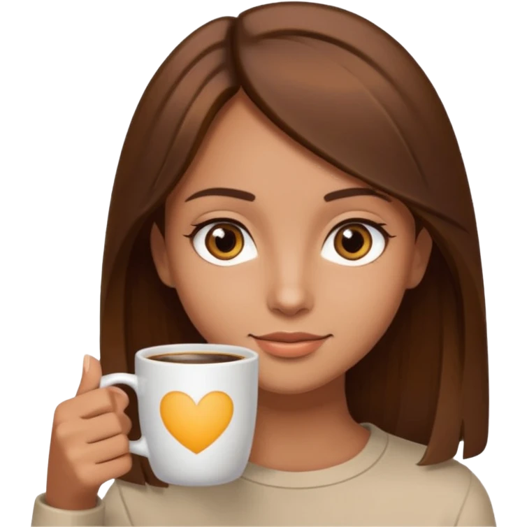 Chica con el pelo café ojos café pelo lacio con una taza de cafe emoji