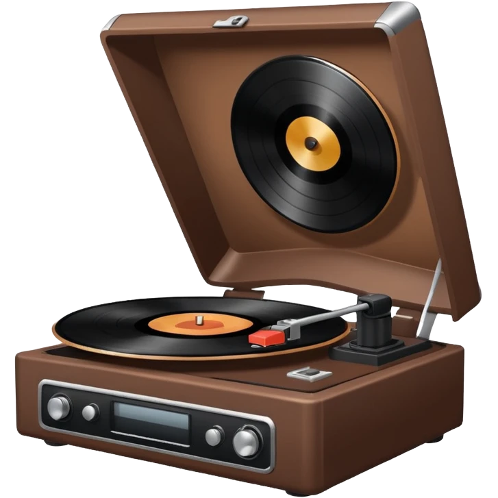 A brown record player spins a stark black vinyl under the veil of dusk. emoji