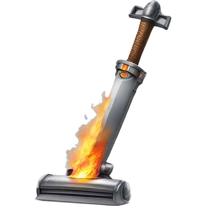 A realistic Dyson Vacuum cleaner holding a medieval sword that is on fire  emoji
