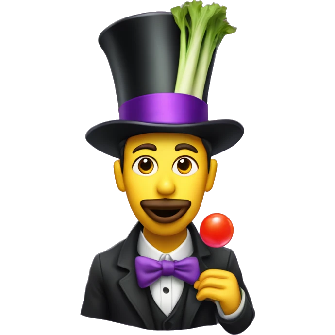 Man chewing bubblegum, holding a Leek wearing a tophat with a purple band emoji