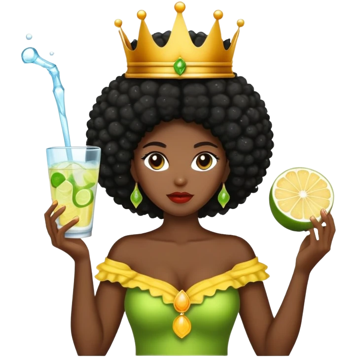 Quiero un emoji que represente que me estoy tomando mi vinagre de manzana con agua, hielo y limón. Soy una mujer negra de cabello afro, piel oscura y te fo una corona de reina en la cabeza emoji