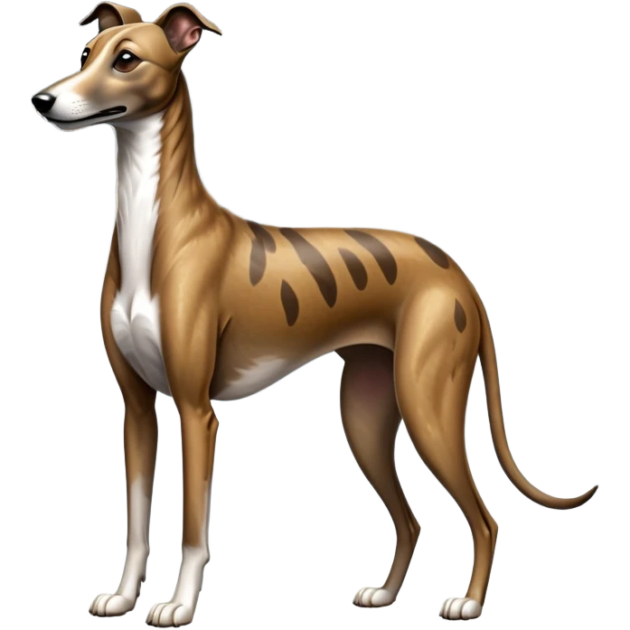 cinematic-[brindle greyhound]-realistic-full-body-sitting-emoji,-tail-resting-loosely-beside-its-paws,-head-tilted-dramatically, -sleek-[brindle]-fur,-simplified-yet-realistic-focused-features,-highly-detailed,-glowing-with-an-almost-sarcastic-glow emoji