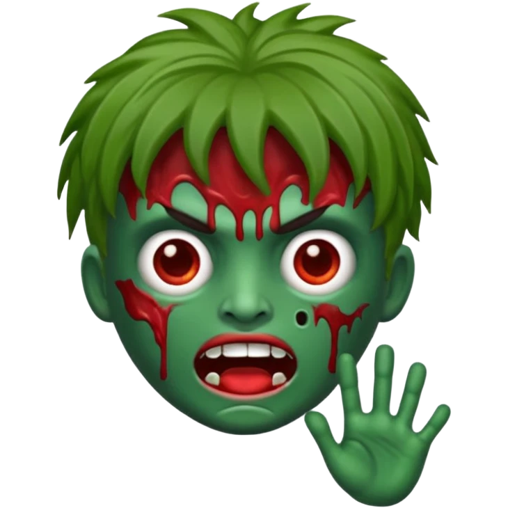 emoji de zumbi estilo WhatsApp, cabeça verde, cabelo cacheado vermelho volumoso, olhos brancos brilhando, expressão divertida e assustadora, cartoon, linhas limpas, fundo transparente, qualidade alta emoji