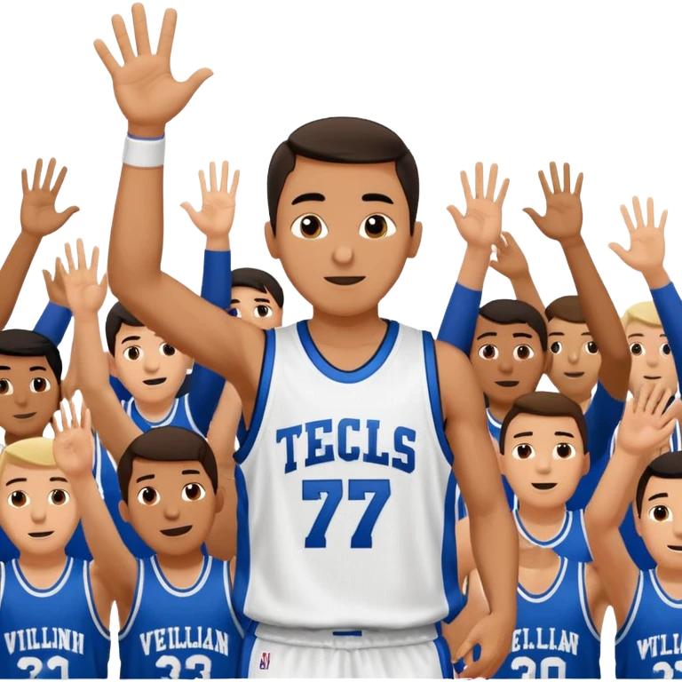 Maverick Trevillian in the crowd at an amateur basketball game. He leans towards the camera and enthusiastically shouts "six seven while performing a distinctive hand gesture: both hands open, palms facing upward, moving up and down as if weighing two options. emoji