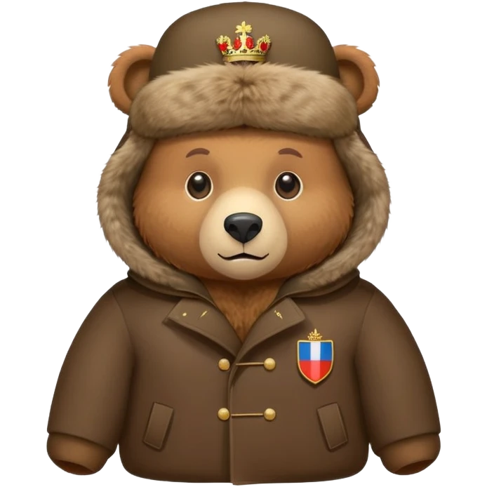 Cute brown bear in Russian fur ushanka hat with coat of arms pin, front view, iOS emoji style emoji