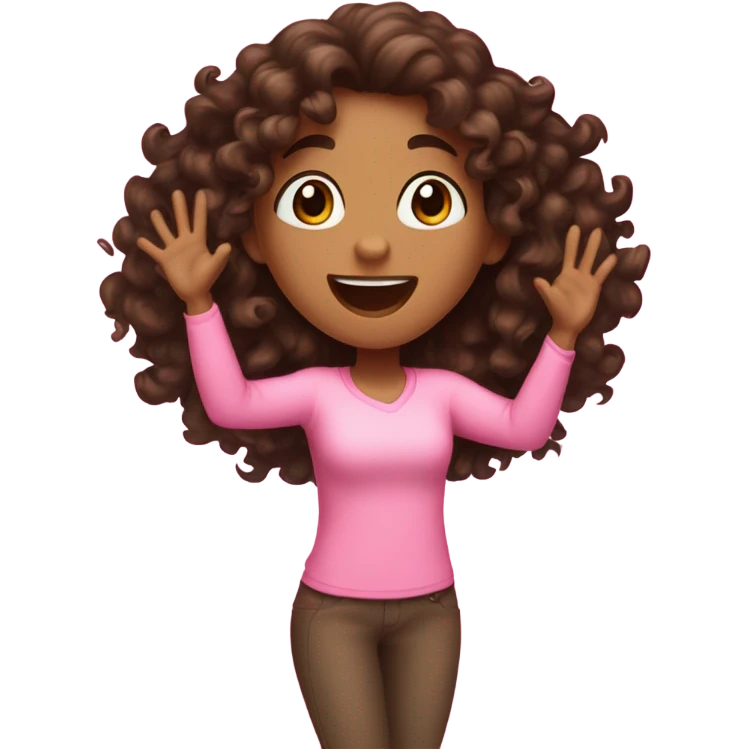 Light Brown girl with dark brown long curly hair saying “hooray!” Wearing pink emoji