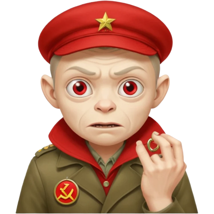 Голлум в красной шапке ушанке (на которой нарисован герб СССР)  и костюме работника метро с буквой "М" держит в руках 2 кольца и злится emoji
