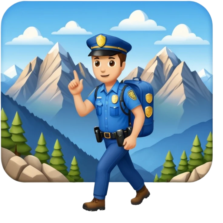Adventurous man hiking with a police badge with mountains in the background emoji