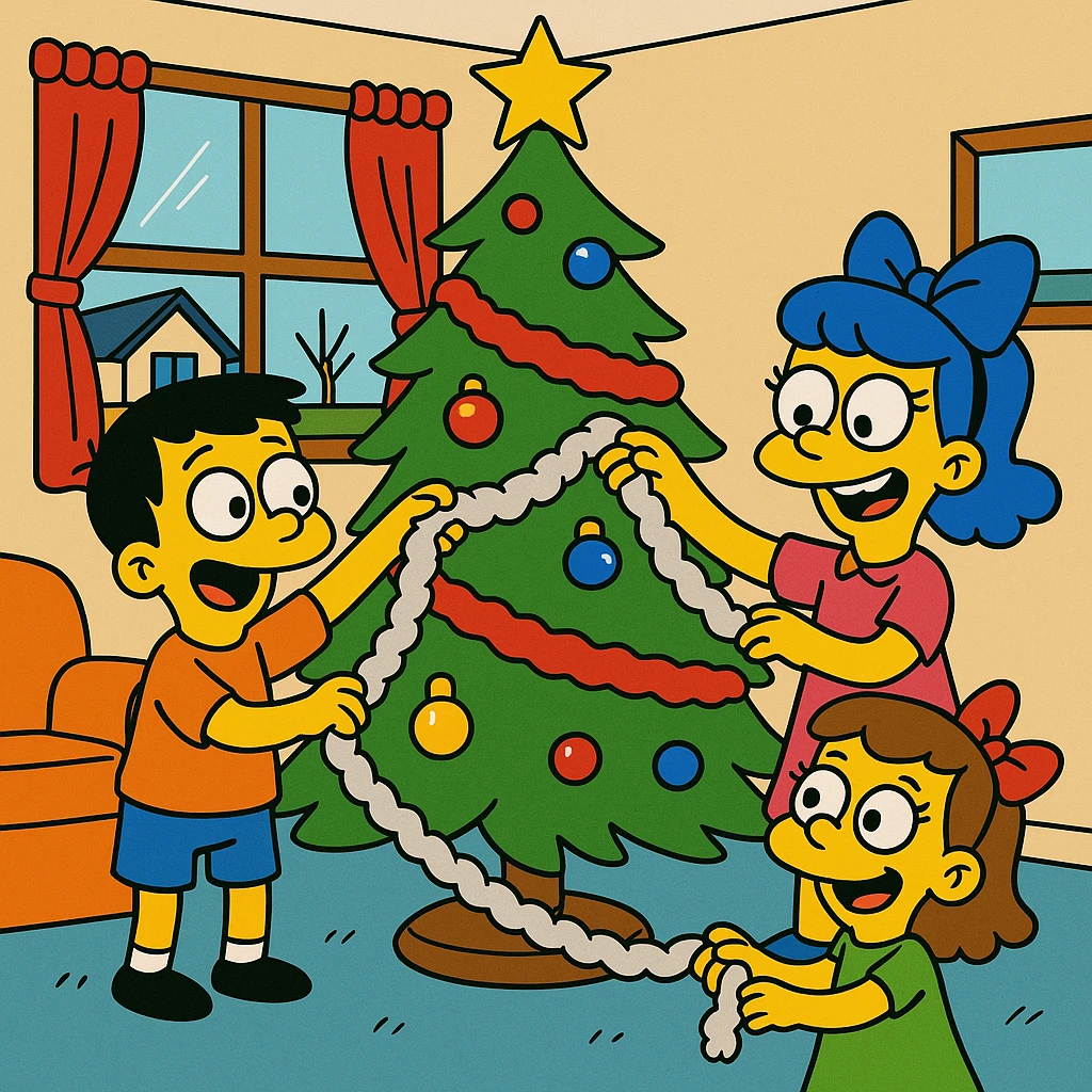 little children decorating a Christmas tree in the living room with tinsel emoji