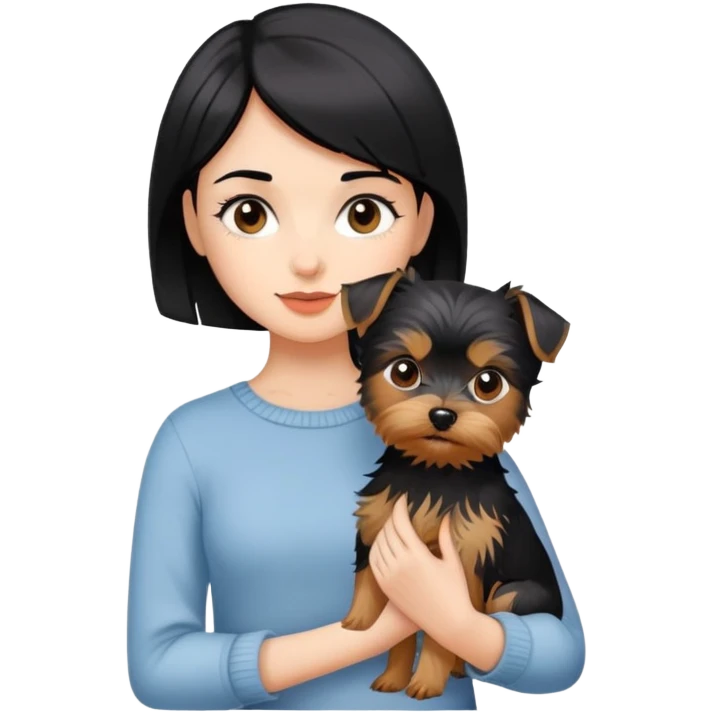 A beautiful girl with short black hair holding a Yorkshire Terrier emoji