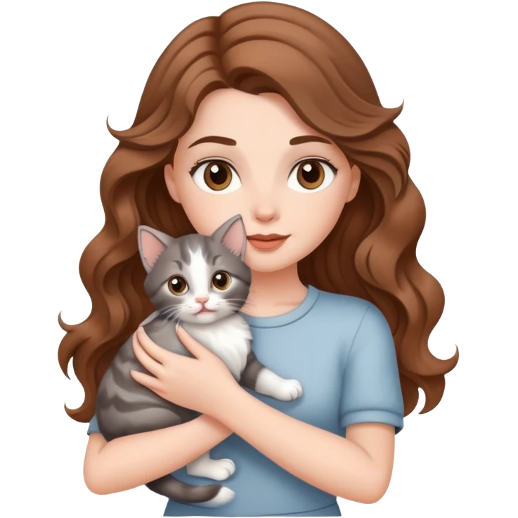 A beautiful  white girl with big brown waves and  a gray kitten emoji