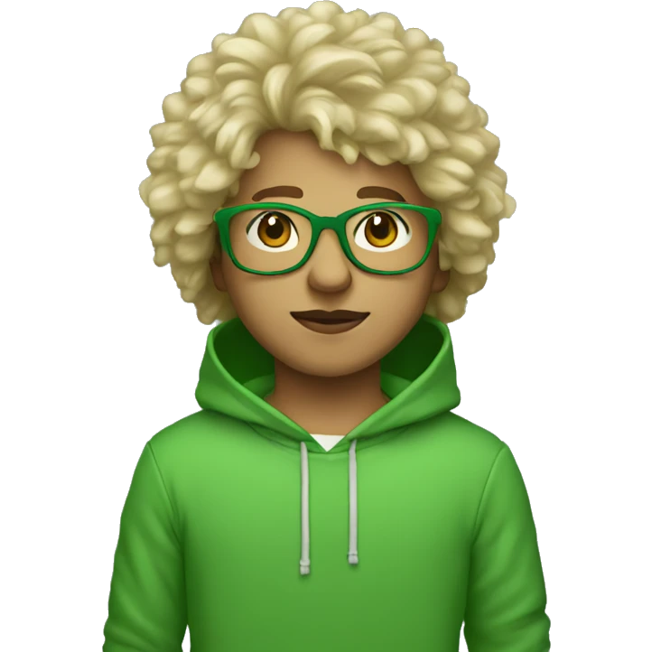 boy with clear glasses and blonde fluffy hair and a green sweatshirt with hood up standing straight emoji