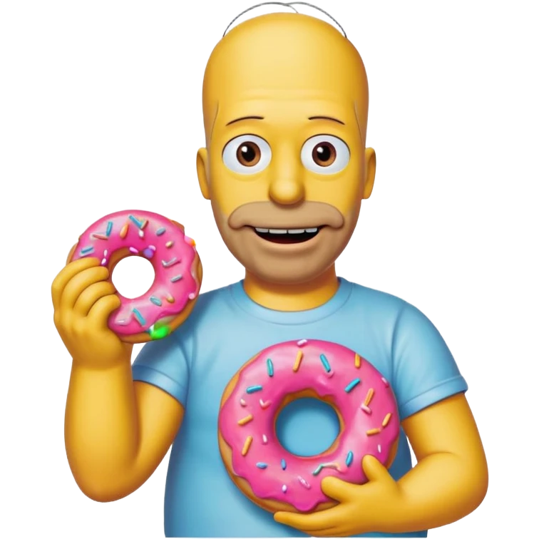 Homer Simpson smiling and holding a pink frosted donut, bright colors, simple background emoji