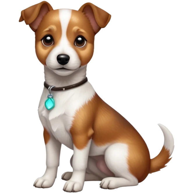 cinematic-[jack Russel terrier]-realistic-full-body-sitting-emoji,-tail-resting-loosely-beside-its-paws,-head-tilted-dramatically, -sleek-[brown and white]-fur,-simplified-yet-realistic-focused-features,-highly-detailed,-glowing-with-an-almost-sarcastic-glow emoji