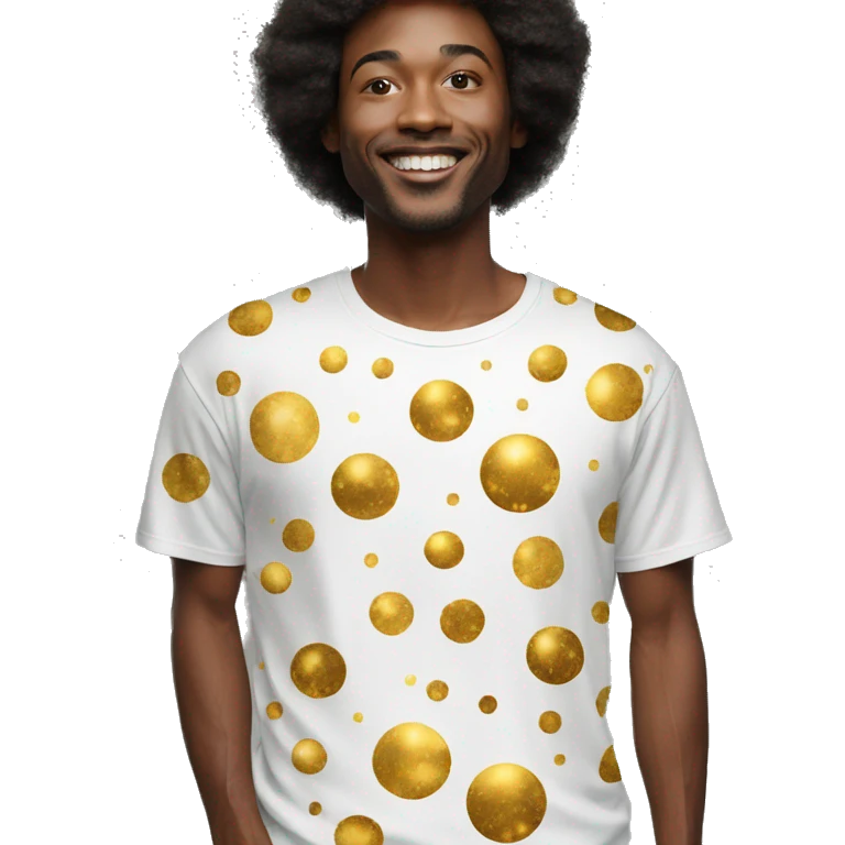 Person wearing t shirt filled with golden galaxies celestial emoji