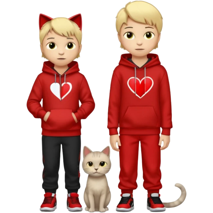 There is one 8 year old boy wearing a red and black hoodie say I heart cats he’s blond he has red Jordan’s and Hess wearing black pants he’s next to his only gray cat with yellow eyes  emoji