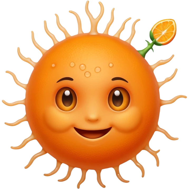 Cute, smiling, glowing orange stem cell with small protrusions. White background. emoji