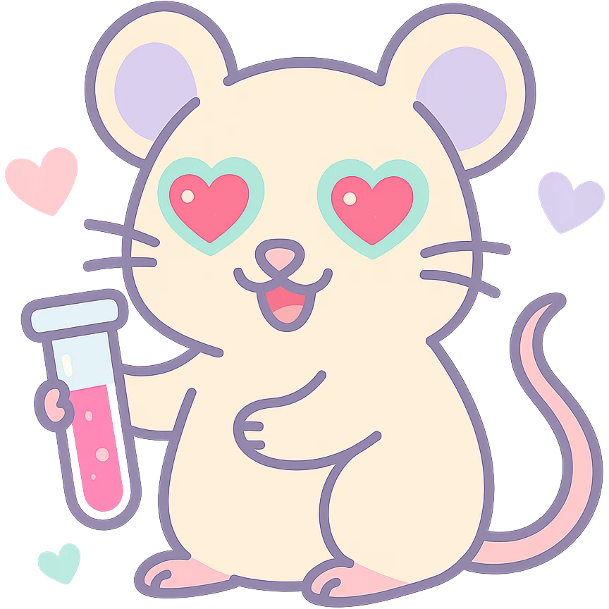 A lab rat in love with heart eyes, surrounded by heart symbols, red glowing eyes, light beige fur, detailed whiskers, holding a test tube with a pink liquid, cartoon style. emoji