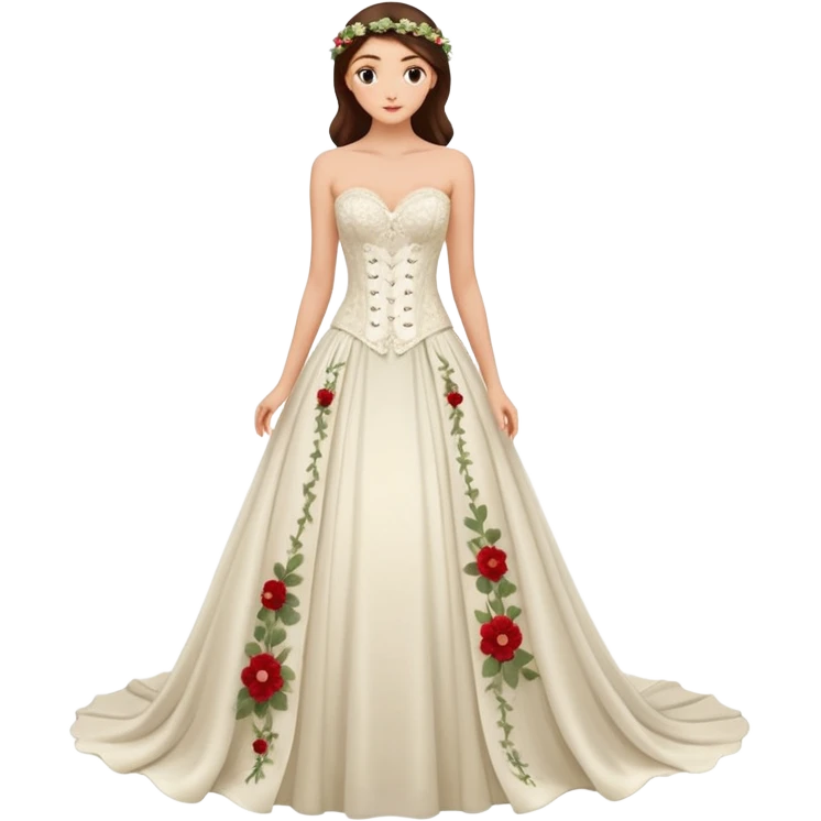 A romantic strapless A-line wedding gown with a sheer lace corset bodice and flowing floral applique skirt. emoji