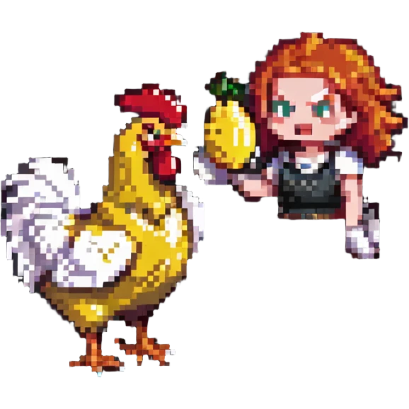 angry redhead with a banana throwing chicken, pixel art style emoji