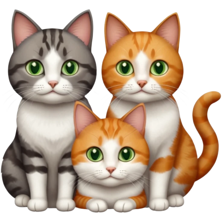 3 different coloured short haired cats including; a dark brown tabby and white cat, and a dark grey and white and a ginger and white emoji