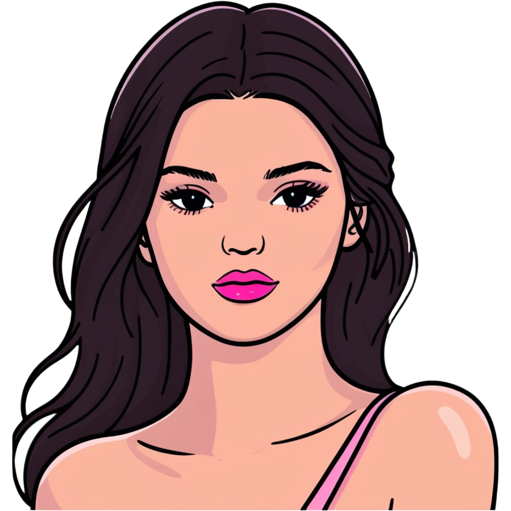 Kendall Jenner, elongated face, long flowing hair, pink glossy lipgloss, pink blush on cheeks, bare shoulders and upper body emoji