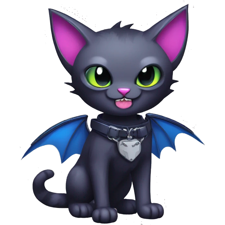  cool edgy kawaii dark-punk-themed animal vampiric cat-hybrid Fakemon with fangs and bat-wing-ears with a collar full body emoji