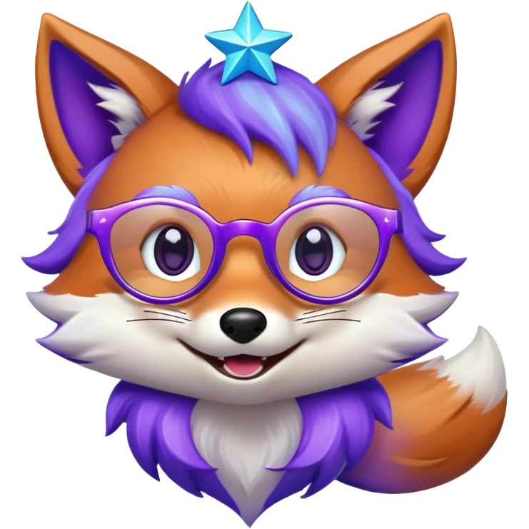 A magical fox with shimmering purple and blue fur, a glowing tail, a silver star on its forehead, and round glasses, laughing so hard that tears are streaming from its eyes emoji