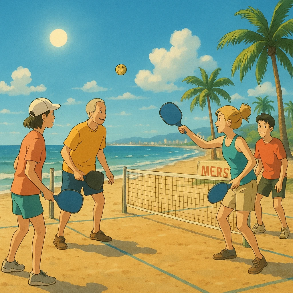 pickleball scene on a sunny Mersin beach in ghibli style emoji