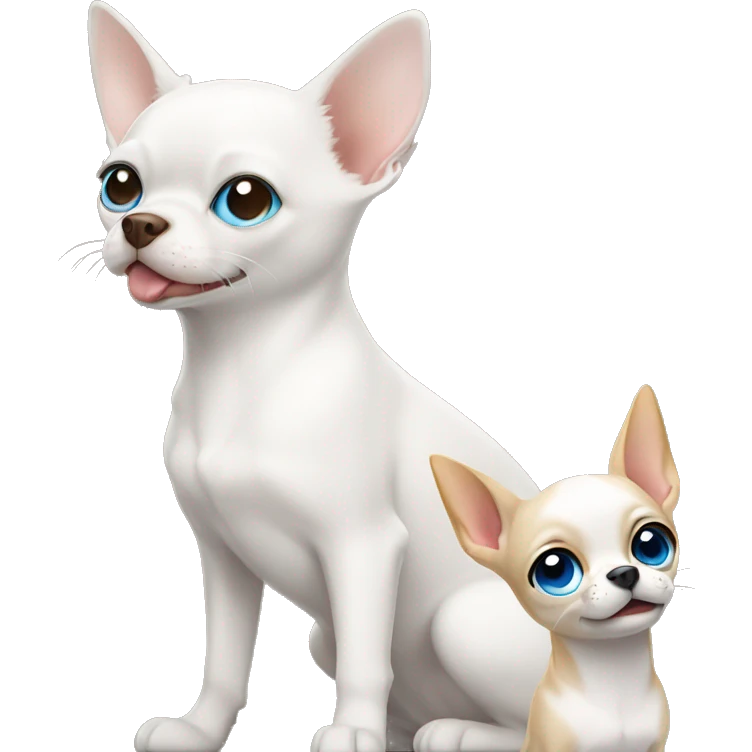 white cat blue eyes standing next to tan chihuahua  emoji