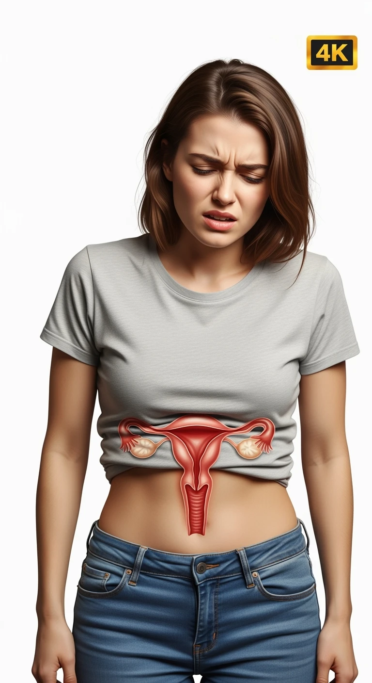 donna vestita casual realistico con utero umano anatomico in evidenza, dolore in volto
, IPERREALISTICO 4K, sfondo bianco emoji