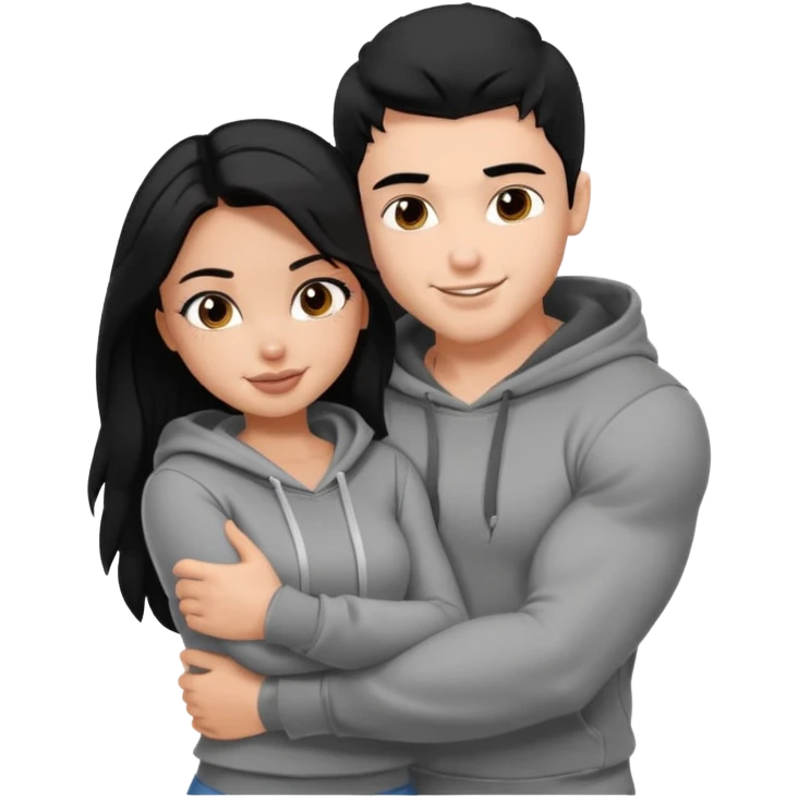 a pretty bratz boy with black hair and a grey hoodie, big biceps, hugging a girl with dark brown hair emoji