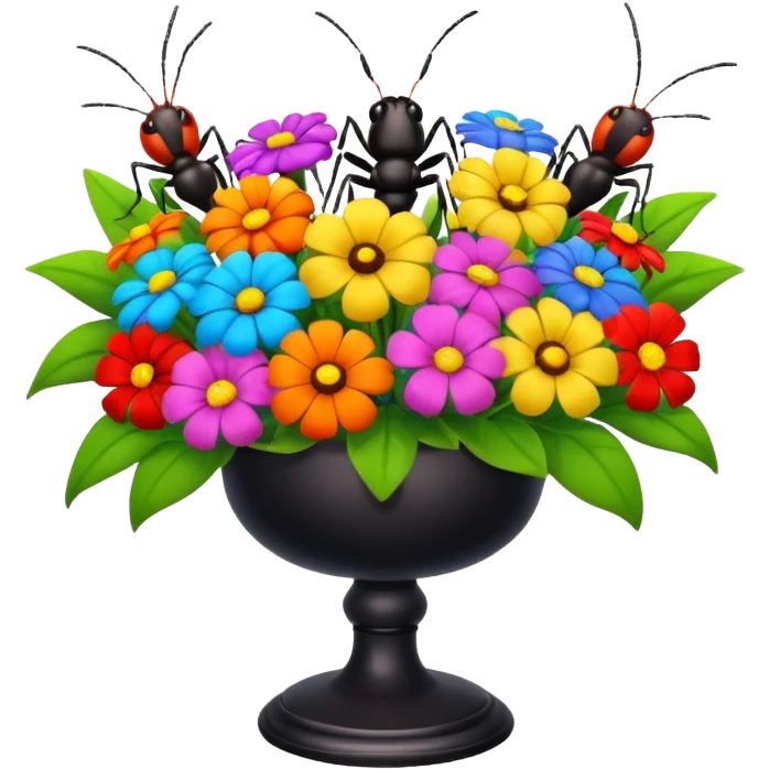 a table with a bouquet of flowers on top and an ant underneath emoji