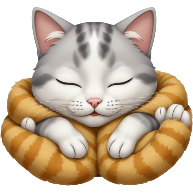 grey and white small cat with eyes closed lying down upside down with its paws/arms tightly covering its own face emoji
