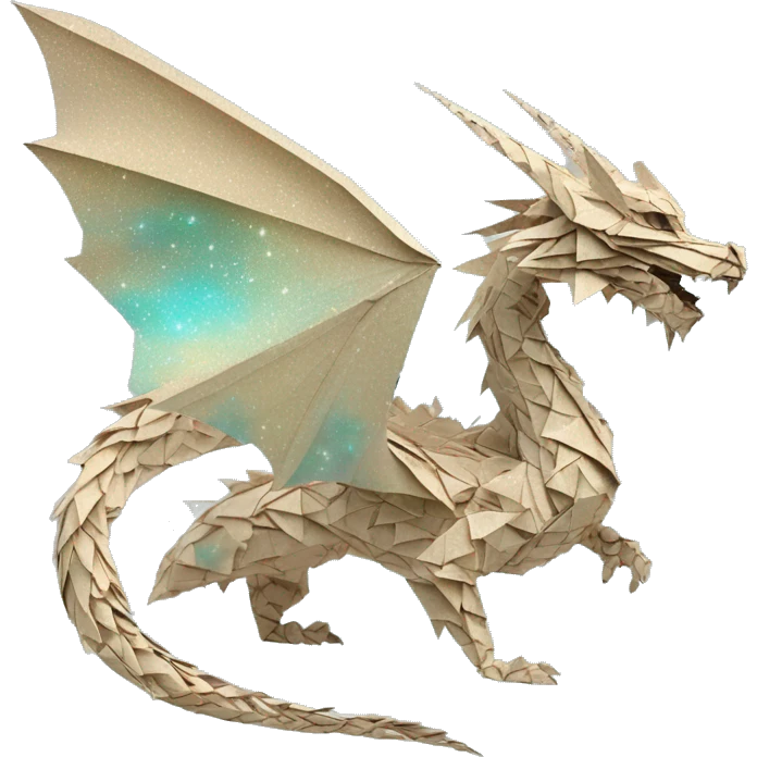 Sparkling royal patterned Beige Origami dragon with a dried flower crown made of newspapers intricate patterns surrounded by fairy lights nebula galaxy stars swirls iridescent cyan emoji