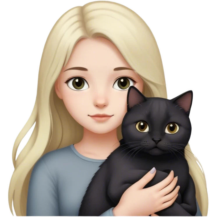 girl with light long hair, grey eyes and fair skin holds a black British cat in her arms emoji