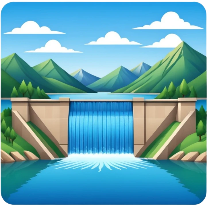 Emoji-style illustration of dam in front of mountain lake, flat vector look, bold outlines, minimal details, no background. emoji