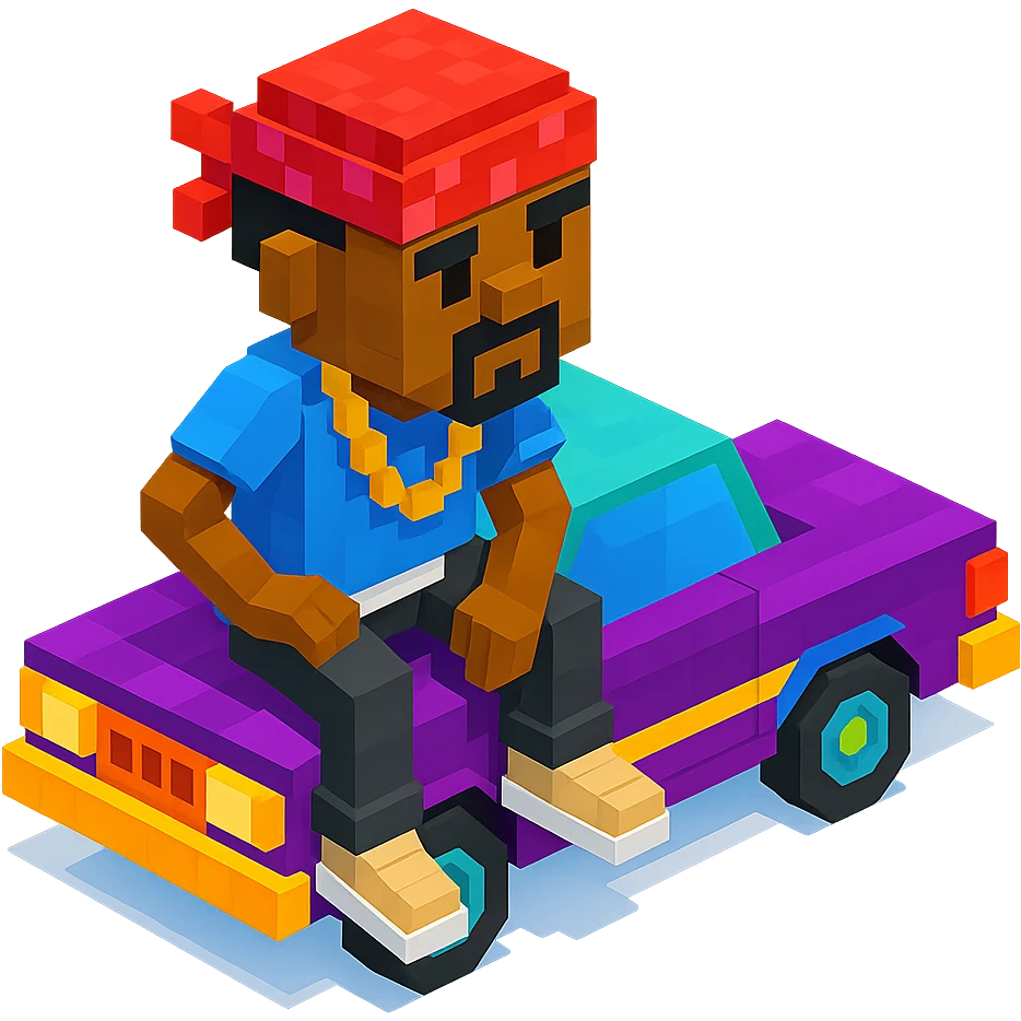 rapper inspired by 2Pac, sitting on a lowrider car, bandana and hip-hop clothing, isometric view emoji