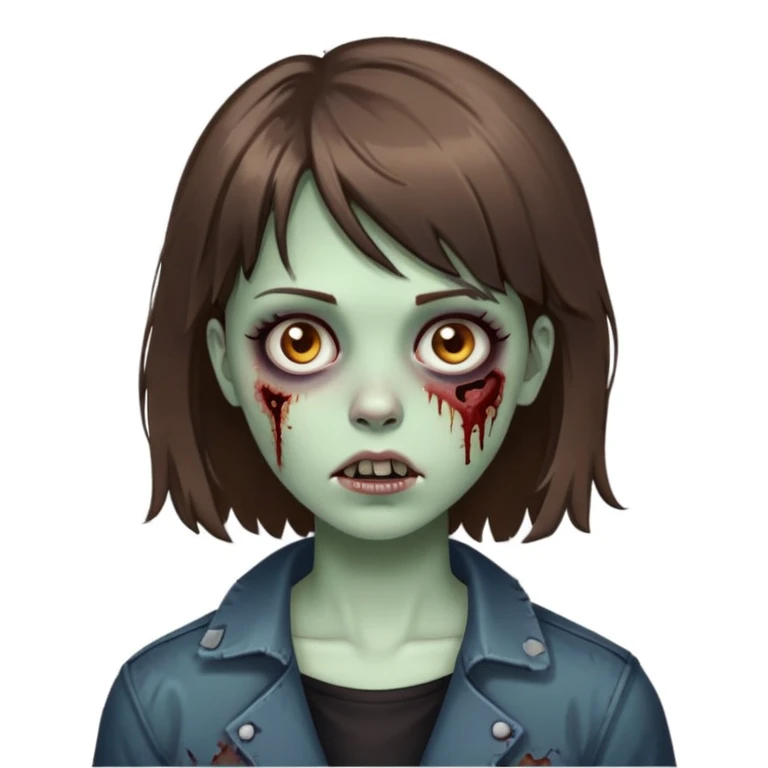 Uma garota zumbi com cabelos medio castanhos puxado para o preto e uma franja presa de lado emoji